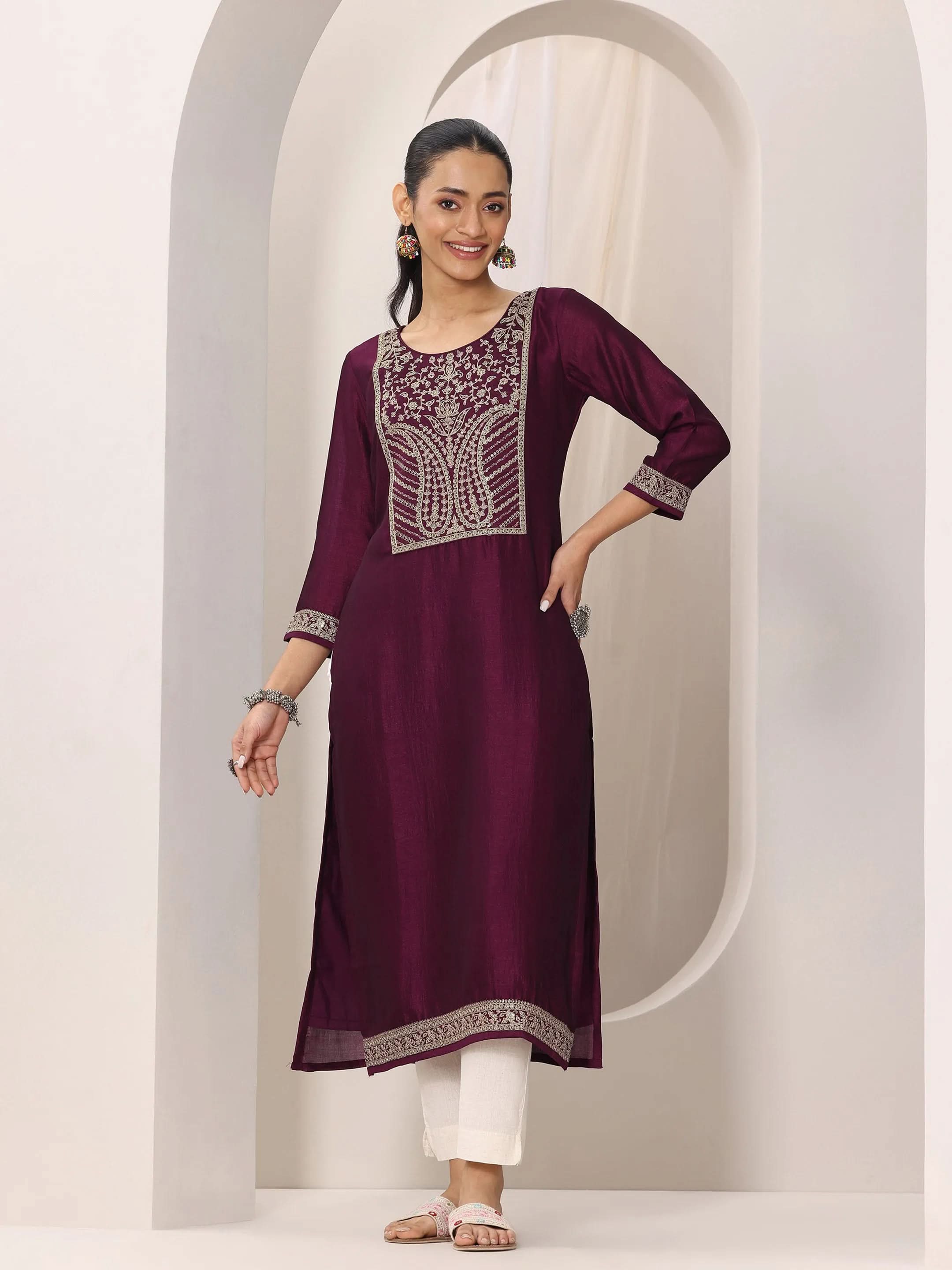 Wine Yoke Design Silk Kurta