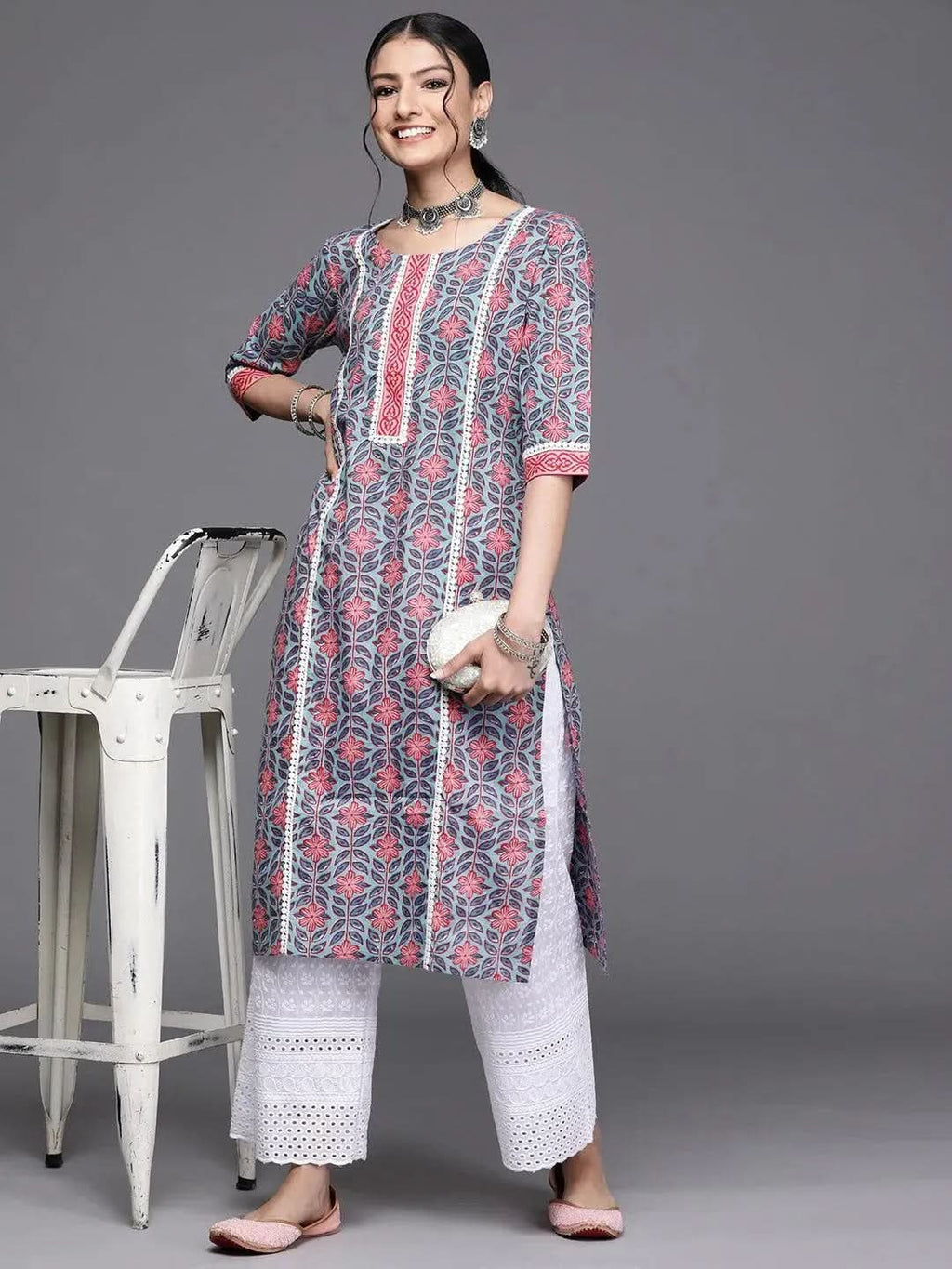 Blue Printed Cotton Kurta