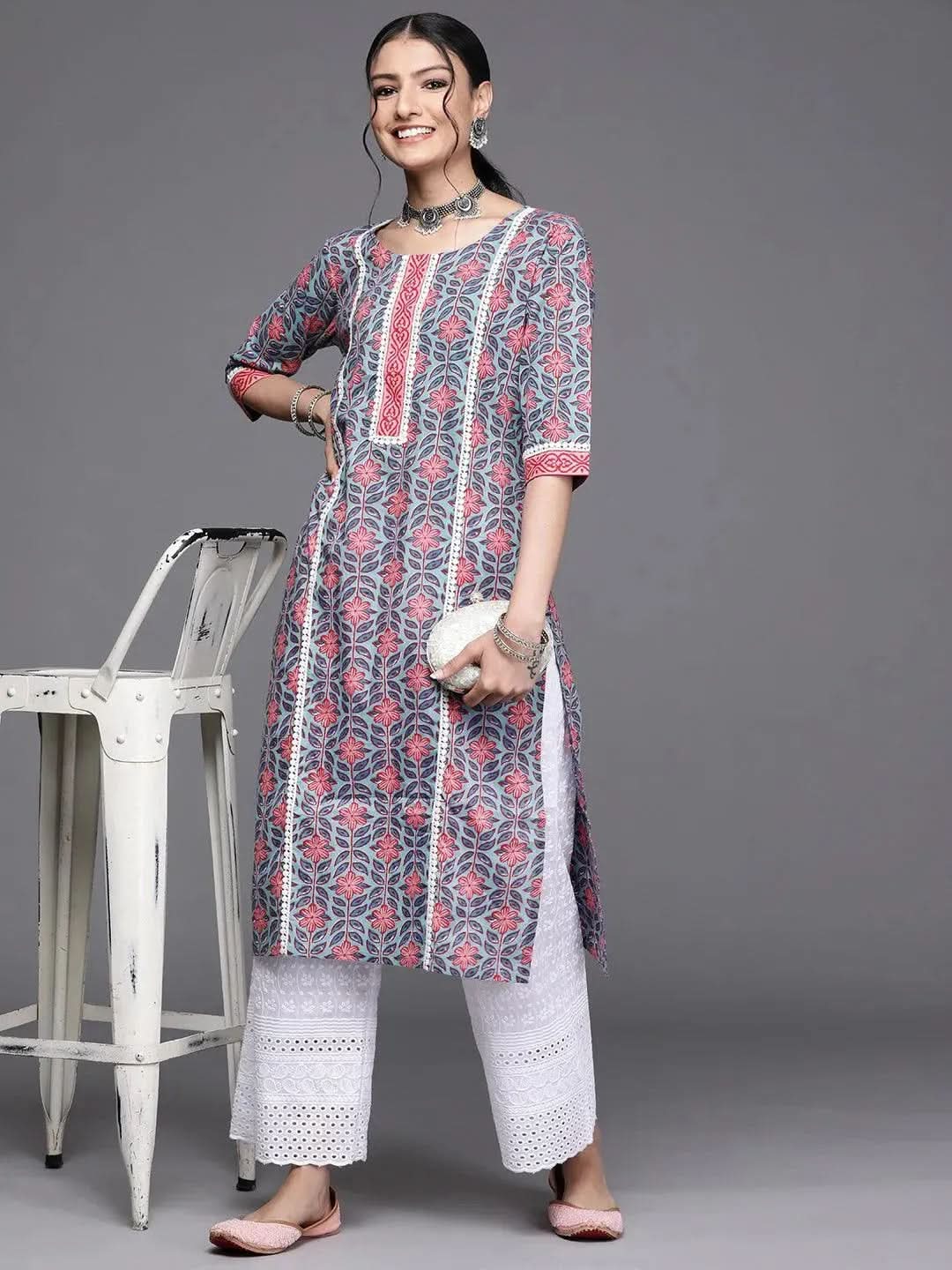 Blue Printed Cotton Kurta