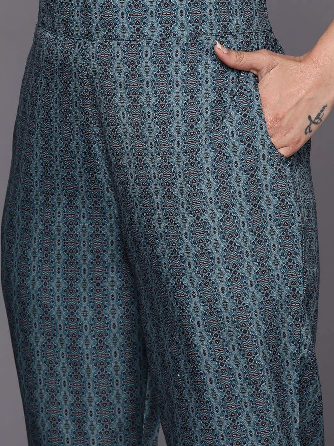 Blue Printed Crepe Straight Kurta With Trousers & Dupatta