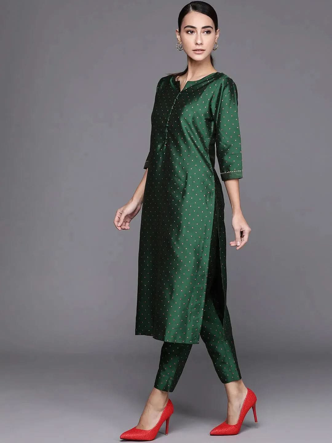 Green Self Design Art Silk Straight Kurta With Dupatta