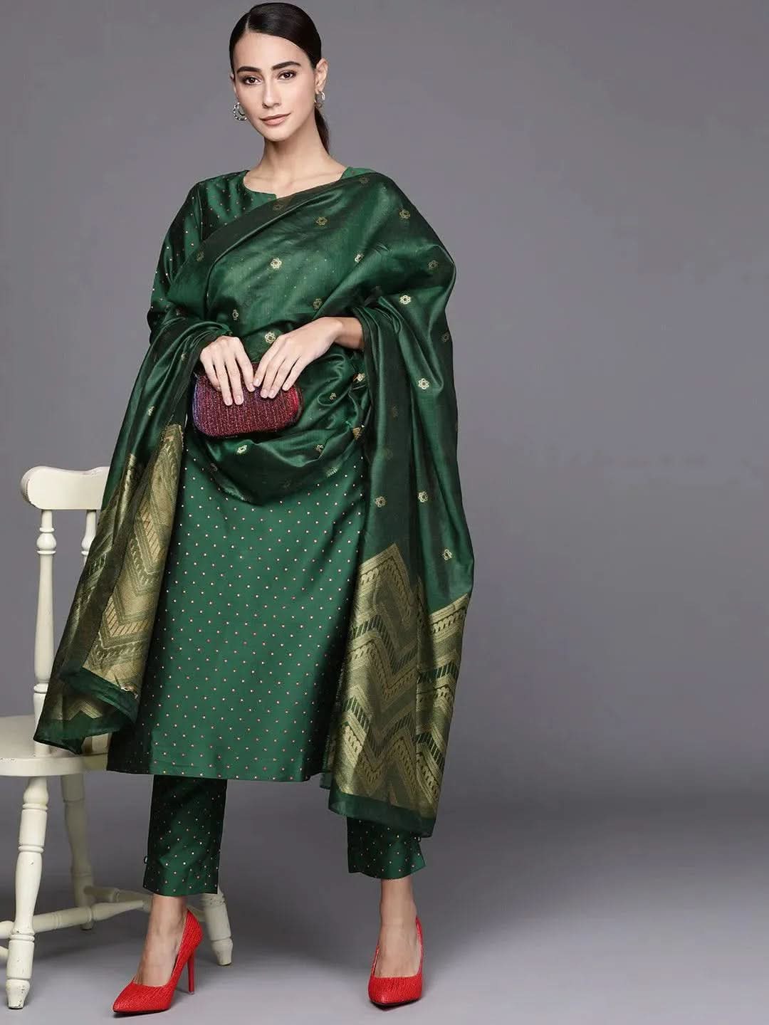 Green Self Design Art Silk Straight Kurta With Dupatta