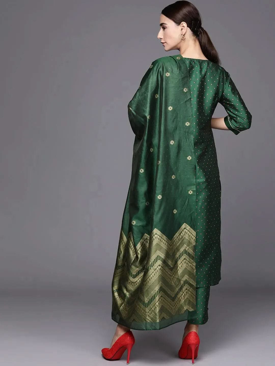 Green Self Design Art Silk Straight Kurta With Dupatta