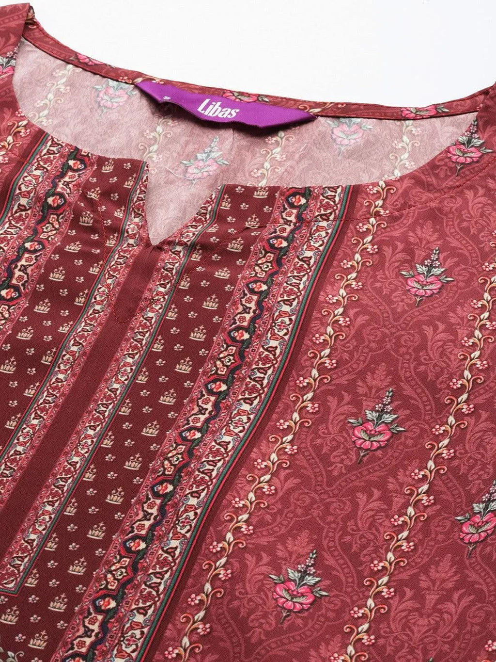Maroon Printed Crepe Straight Kurta With Trousers & Dupatta